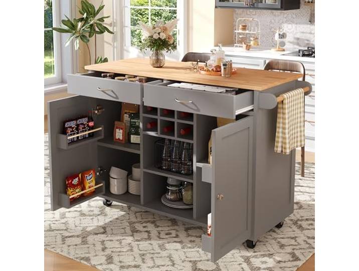 FammyLoft Kücheninsel auf Rollen, Multifunktionaler Kücheninsel mit Speicherraum, Weinregal, Buffetschrank für Küche, Esszimmer, Grau