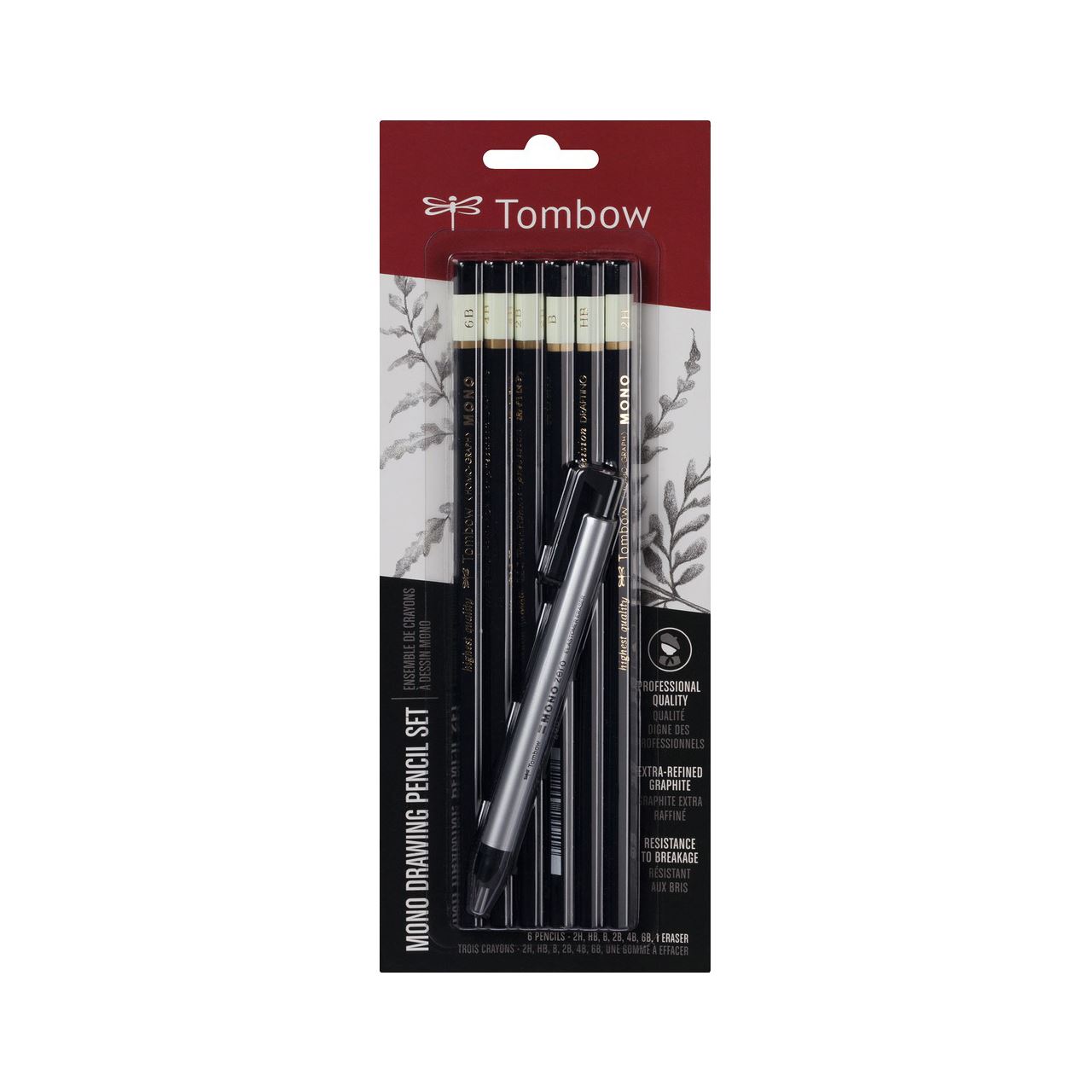 Tombow Mono Bleistift-Set 2H, HB, B, 2B, 4B, 6B schwarz/weiß mit Radierer, 1 Set