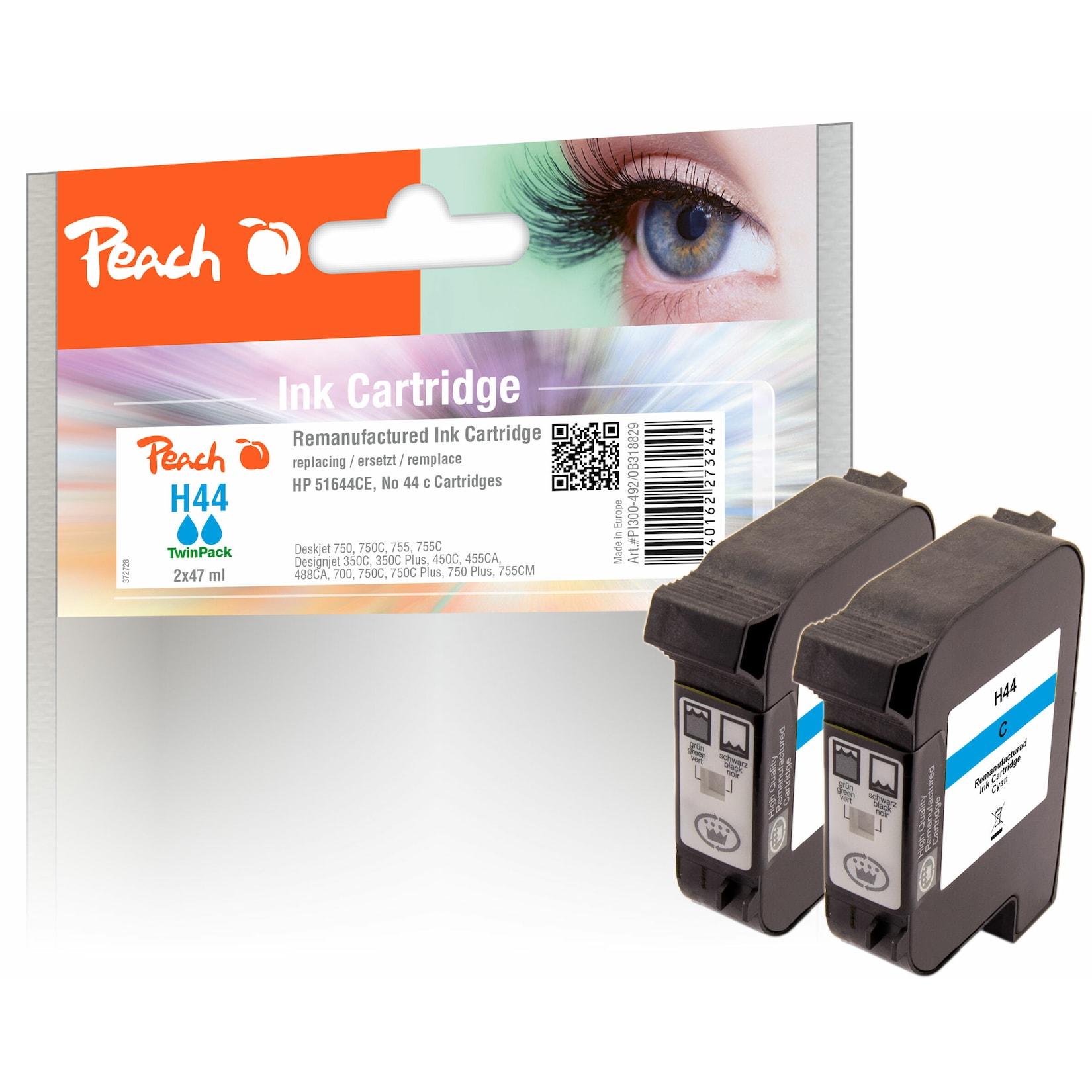 Peach HP 44 c 2 Druckköpfe 2*cy ersetzt HP No. 44 c*2, 51644CE*2 für z.B. HP DesignJet 350 C, HP DesignJet 350 C Plus, HP DesignJet 450 C (wiederaufbereitet)
