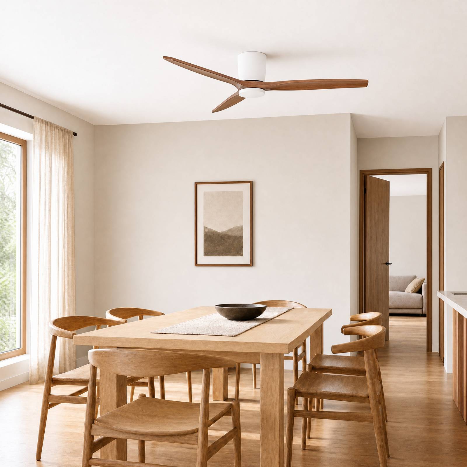 Lucande LED-Deckenventilator Faipari, Holz dunkel, DC, 132cm Faipari, weiß / opal, für Wohn- / Esszimmer, Holz, Modern
