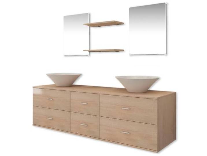 Tmriohed 7-tlg. Badmöbel-Set mit Doppelwaschbecken 150cm Beige Platzsparender Waschtisch-Wandschrank für das Badezimmer inklusive Keramikbecken, Wandspiegeln und passenden Wandregalen.