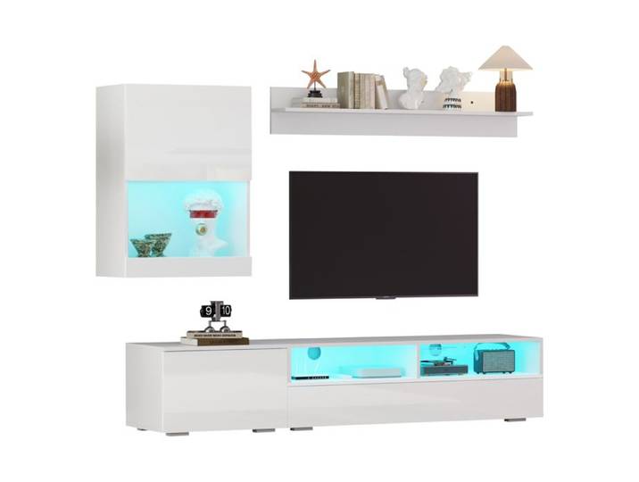 Ensemble meuble TV mural blanc L 175 x P 39 x H 34 cm 3 pièces LED façades laquées brillantes