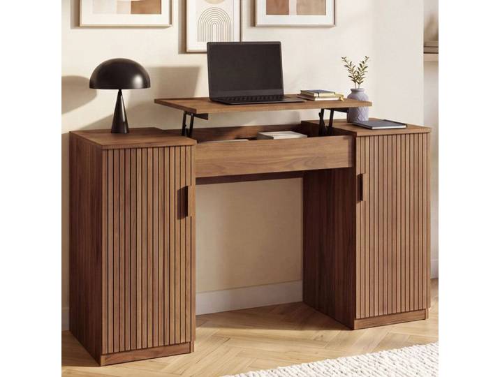 Bureau plateau relevable JULIETTE 2 portes lattes tasseau bois effet noyer