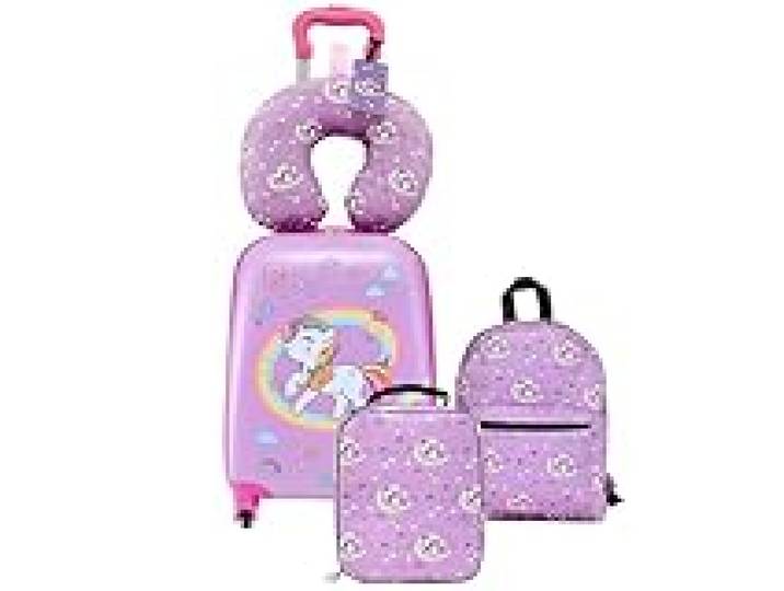 VEVOR Valise Enfant 32x23x45 cm Bagage Enfant Fille Garçon, Valise Cabine Rigide à roulettes Motif Licorne avec Sac à Dos, Oreiller U, Sac-Repas, Étiquette Bagages Approuvée par Compagnies Aériennes