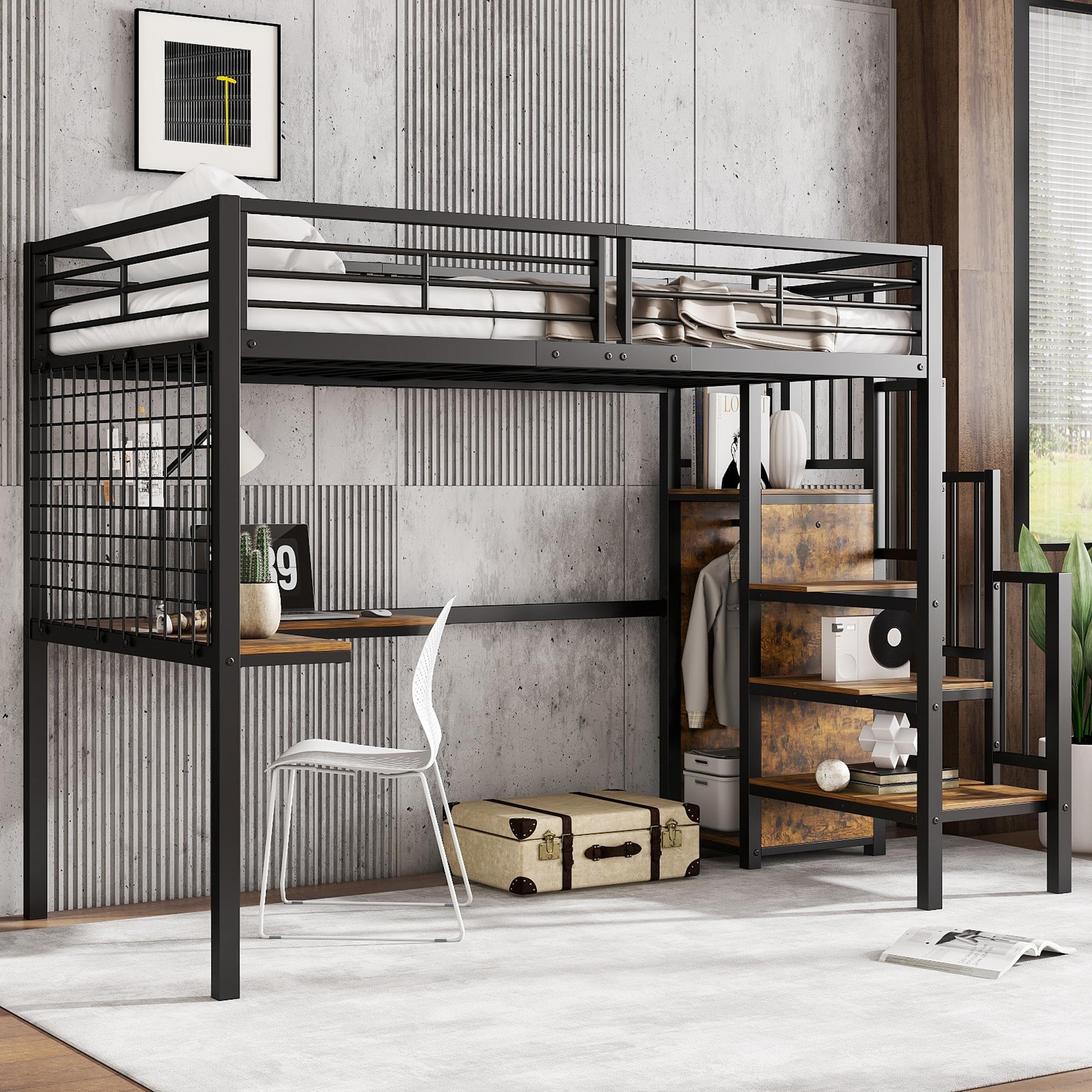 Metall-Hochbett 90x200cm mit Schreibtisch, Kleiderschrank, seitlicher Leiter, dunkle Holzoptik