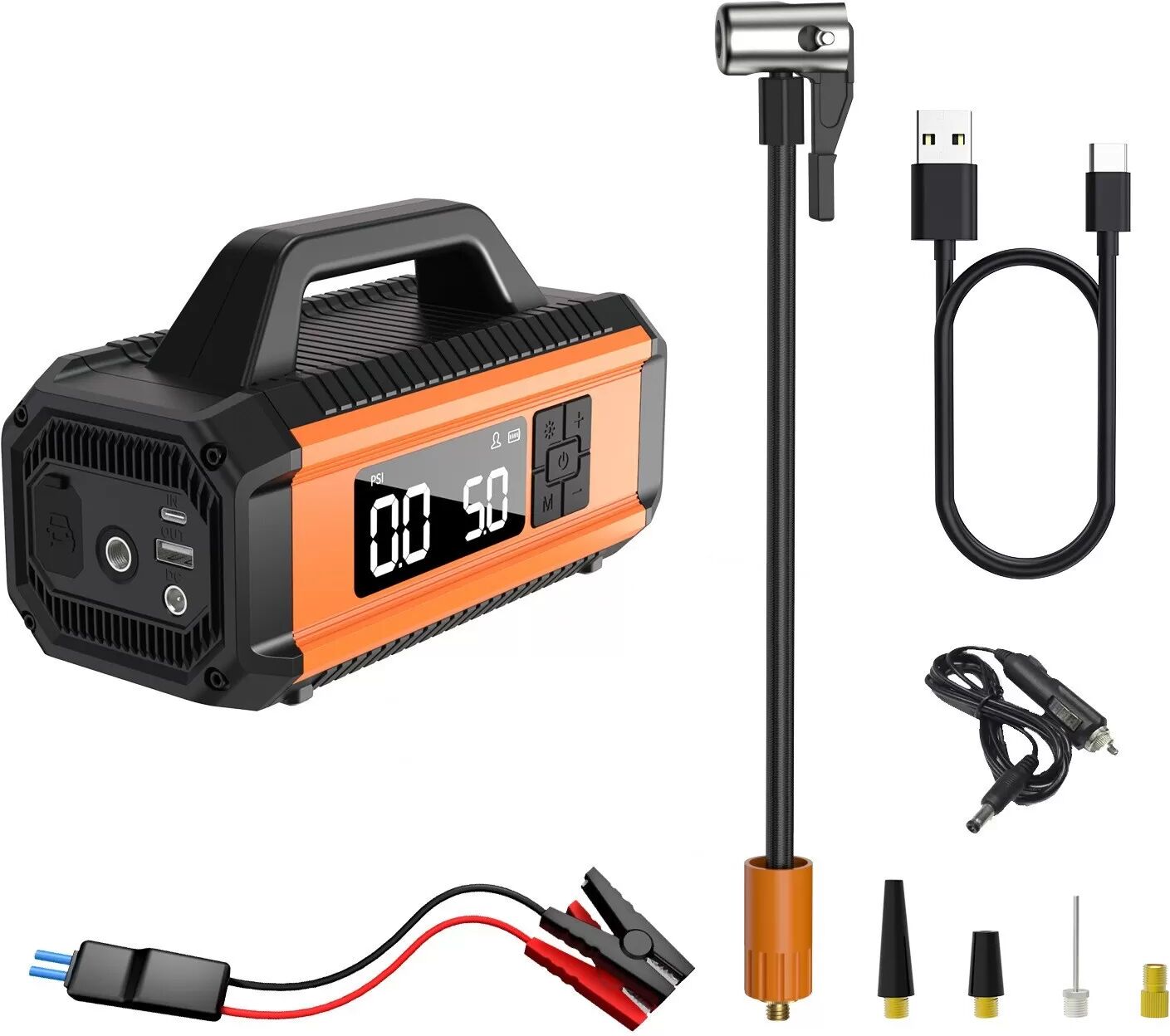 INF Tragbarer Autoreifenfüller mit Digitalanzeige & Voreingestelltem Druck - Multi-Mode Luftpumpe Orange