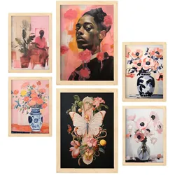 POSTER Set Mit 6 Blüte Schönheit In Vielseitiger A3 & A4 Rahmen Aus Hellem Holz