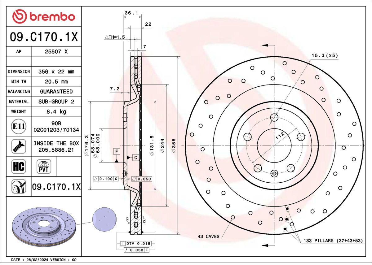 Bremsscheibe BREMBO 09.C170.1X, 1 Stück