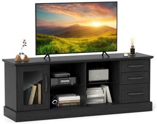 Costway 63 Inches Media Console Table with 3 Drawers and 2 Glass Shelves-Black
