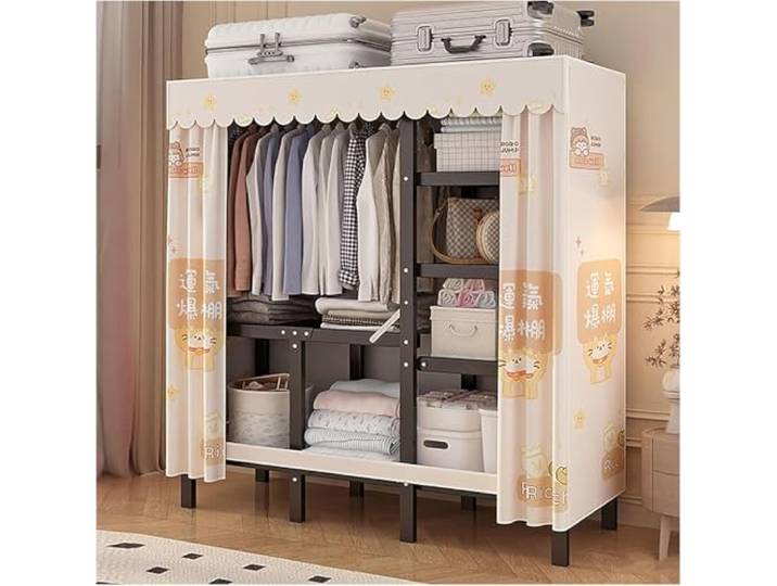 MmcdylyhEU Faltbarer, tragbarer Kleiderschrank mit Abdeckung, Metall-Kleiderständer for Aufhängen, platzsparender Kleidungsstück-Organizer(Orange,128cm/50.4inch)
