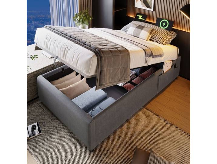 Lit simple capitonné - Lit coffre capitonné - 90x190 cm - Gris - Sommier à lattes bois massif