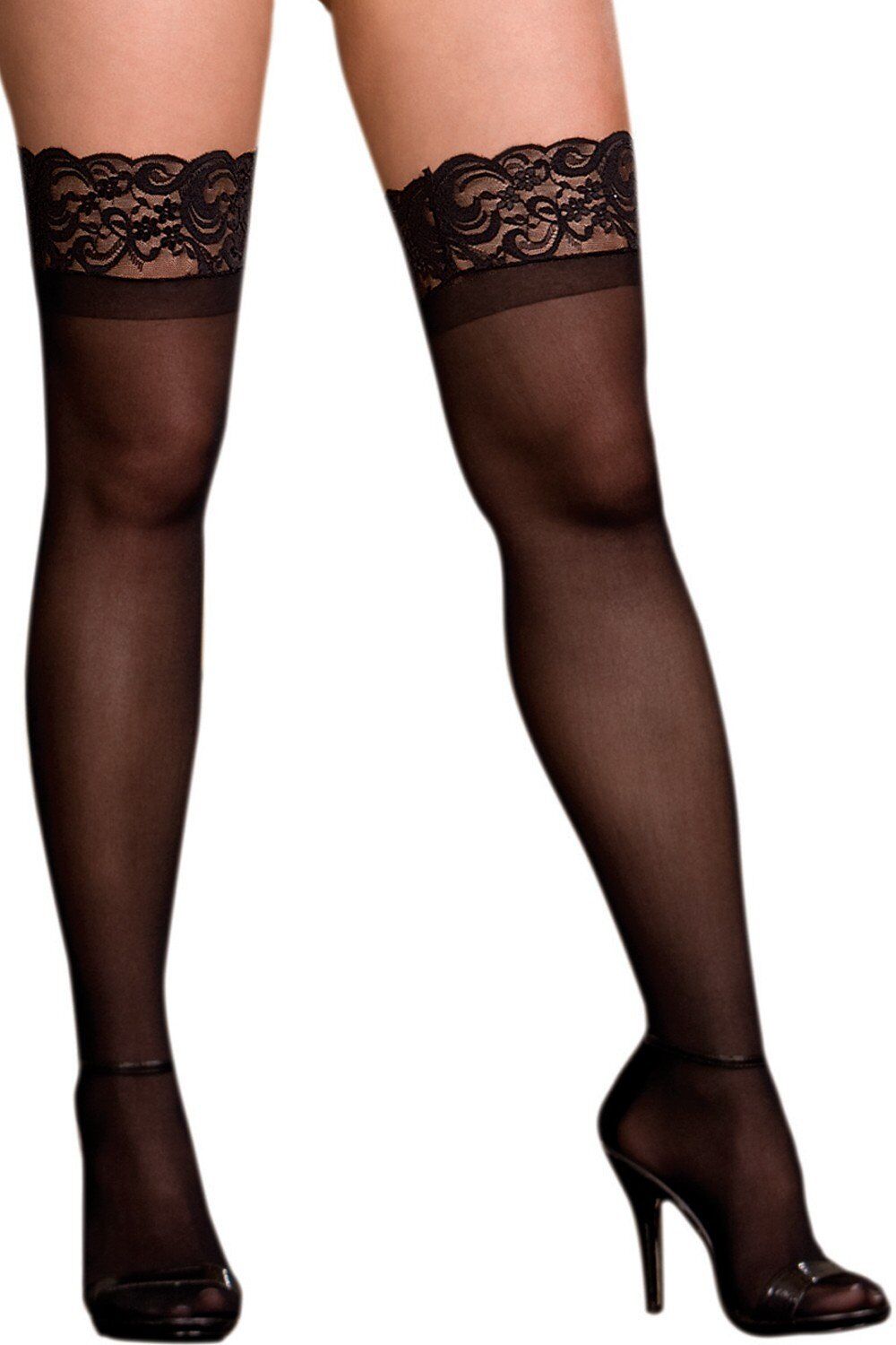 Dreamgirl Bas fins grande taille nylon noirs jarretières dentelle - DG0002XBLK