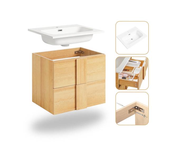 SoBuy Waschtischkombi Natur, Naturfarben, Holzwerkstoff, Keramik, 61x54x46 cm, Badezimmer, Waschbecken & Armaturen, Waschtische