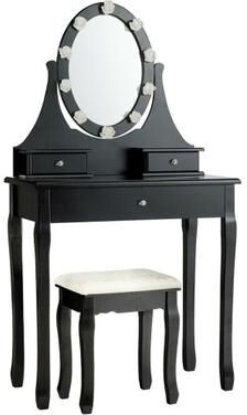 Costway 3 Drawers Lighted Mirror Vanity Dressing Table Stool Set-Black