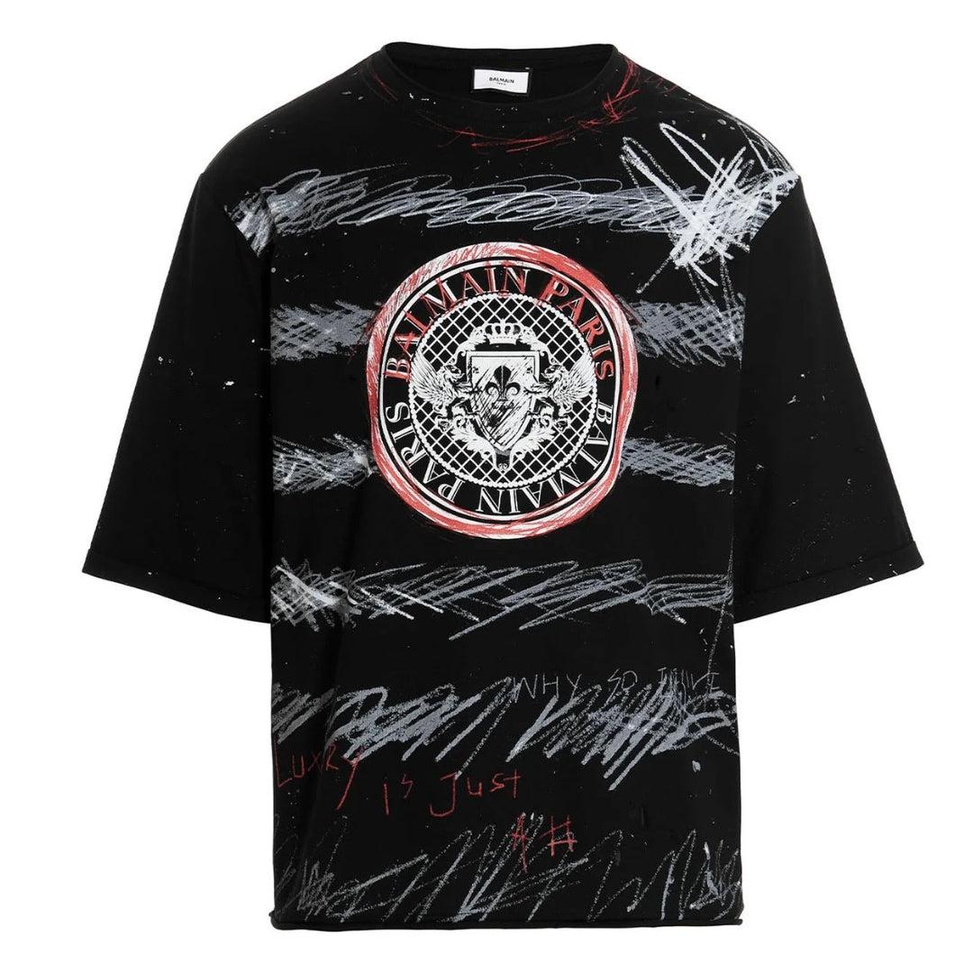 Balmain Paris - Schwarzes T-shirt Mit Graffiti-münzlogo
