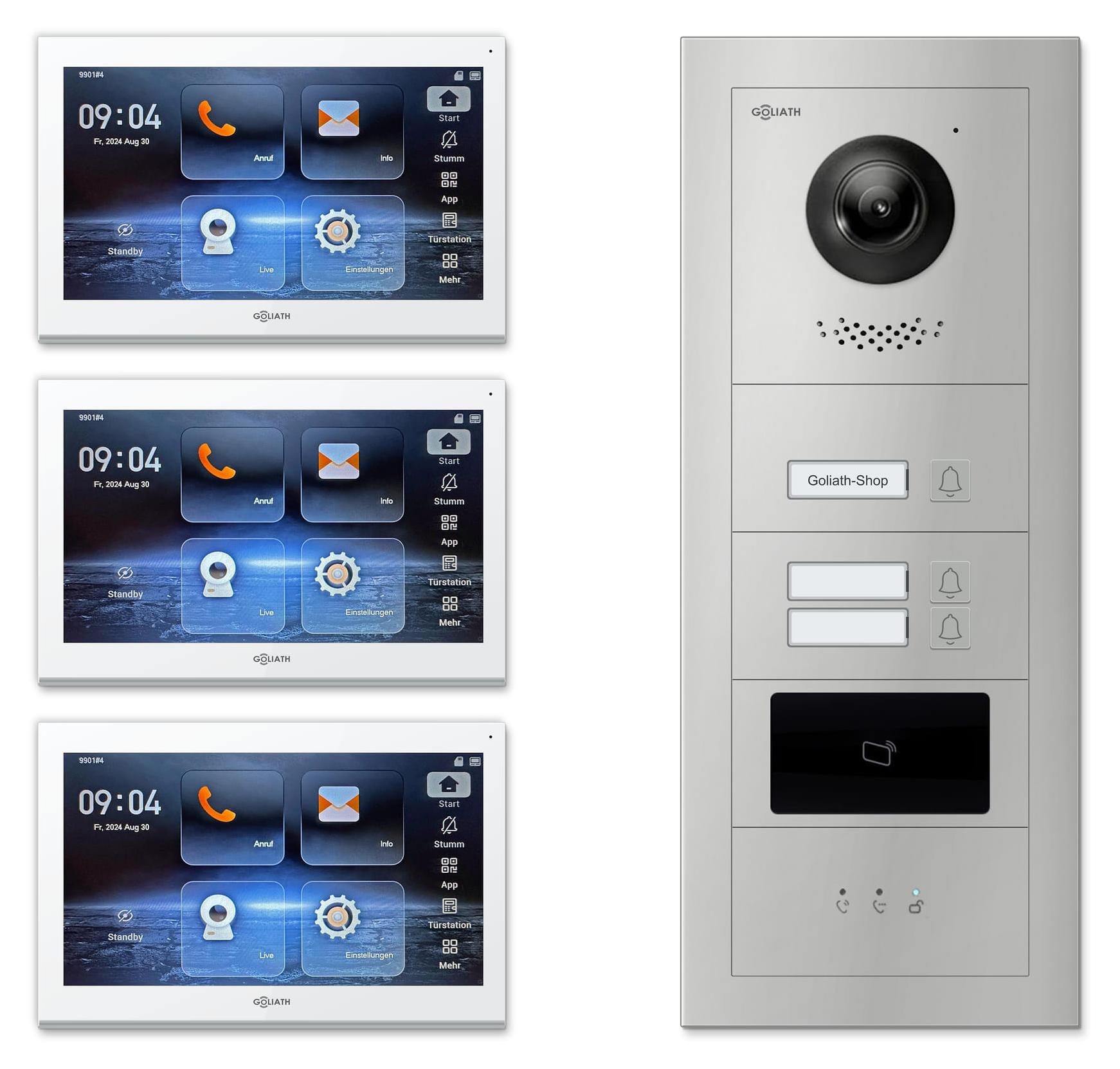 Goliath Premium IP GL-IPH310 Video-Türsprechanlage, 3 Familien, 3× 10 Zoll Weiß, Silber, Unterputz