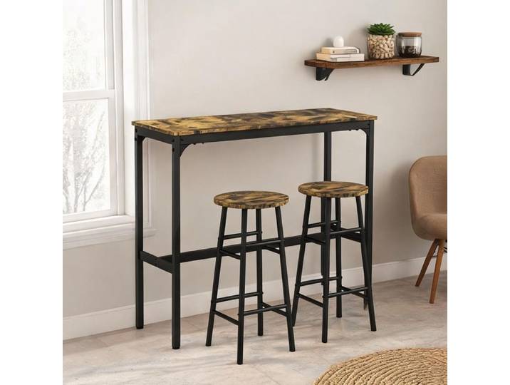 Set table haute 3 pièces 105 cm 2 tabourets style industriel MDF wood-tone brown et acier