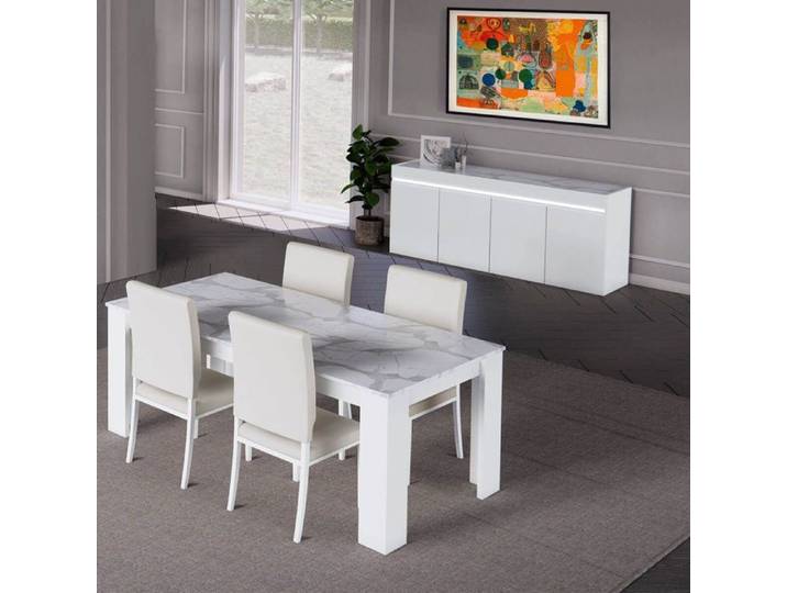 CHRIS WHITE - Séjour Table + Buffet Laqué Blanc Brillant et Imitation Marbre