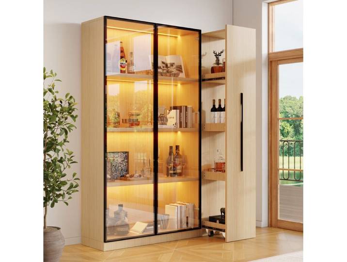 MEULVA Vitrine bibliothèque LED 110 5 x 35 x 160 cm chêne rangement latéral coulissant à roulettes