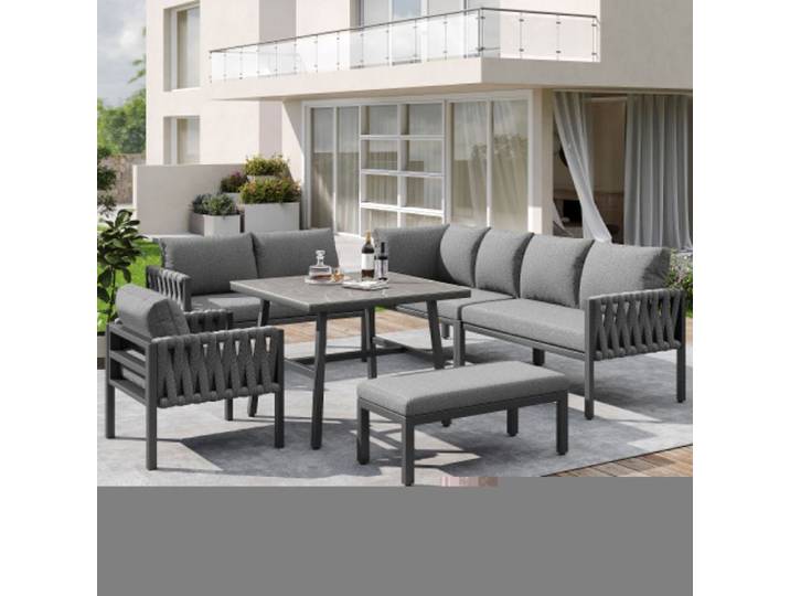 Mobilier de jardin ensemble canapé d'angle avec structure en fer galvanisé tressage en corde plateau verre trempé et pie