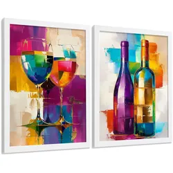 POSTER 2er Set Küchen-Wandbilder Weingläser und Flaschen Pop Art Bunt Abstrakt Esszimmer Wanddeko Weißer Rahmen A3