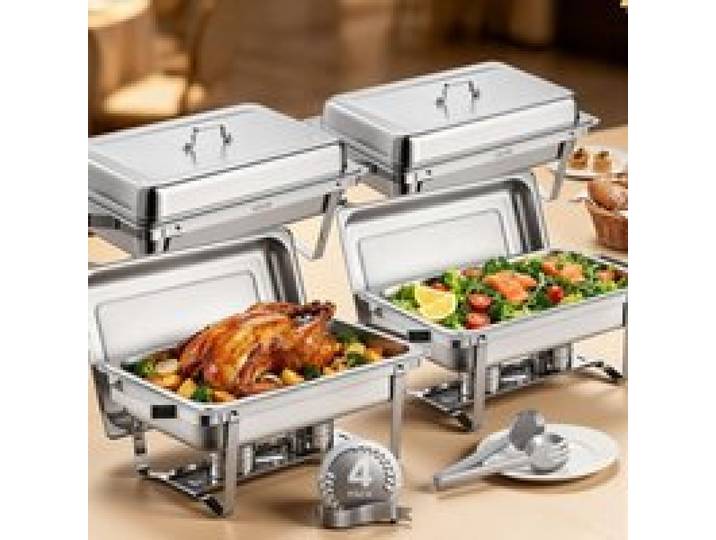 VEVOR Chauffe-Plat 4PCs 7,5 L, Buffet Chauffant Rectangulaire, Réchaud en Acier Inoxydable, avec 4 Bacs Pleine Taille et Couvercle, pour Buffet Libre-Service Hôtel Traiteur Restauration, Argent