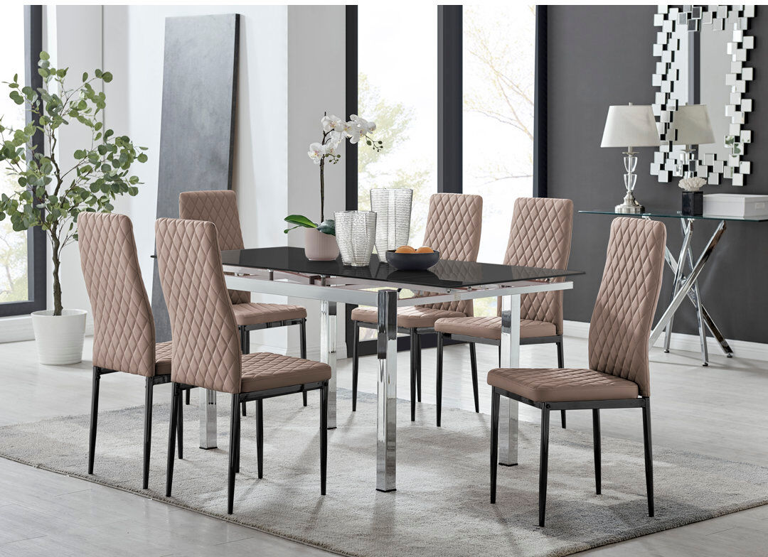 Canora Grey Tierra Modern Glass & Metal Extendable Dining Table Set & 6 Luxury Faux Leather Dining Chairs Cappuccino/Black 6