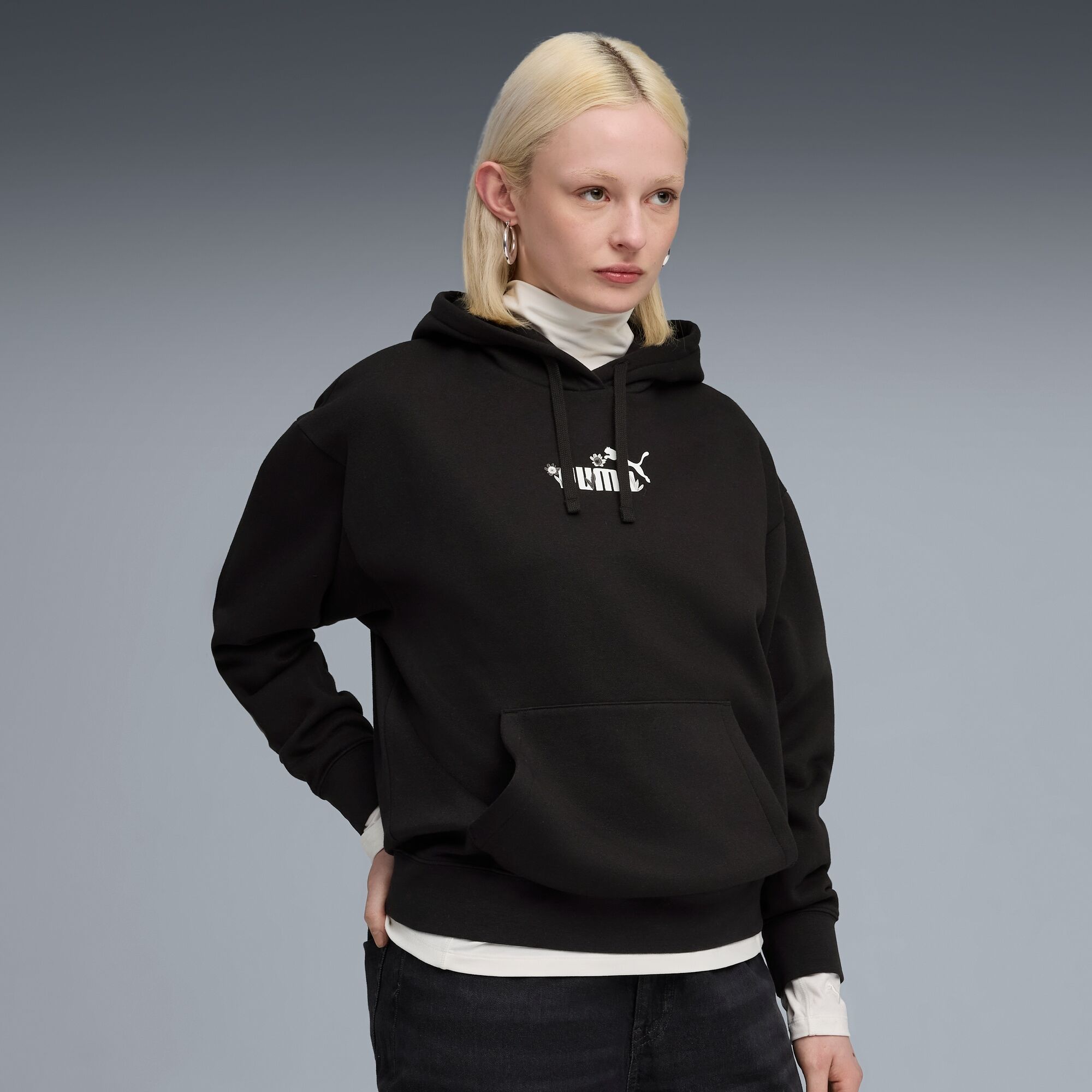 Kapuzensweatshirt PUMA "ESS NATURE 2.0 COMFORT HOODIE FL", Damen, Gr. XL, schwarz (puma schwarz), Fleece, Obermaterial: 68% Baumwolle, 32% Polyester, bedruckt, comfort fit normal, angesetztes Bündchen, Sweatshirts Kapuzensweatshirt, für sportliche und ent