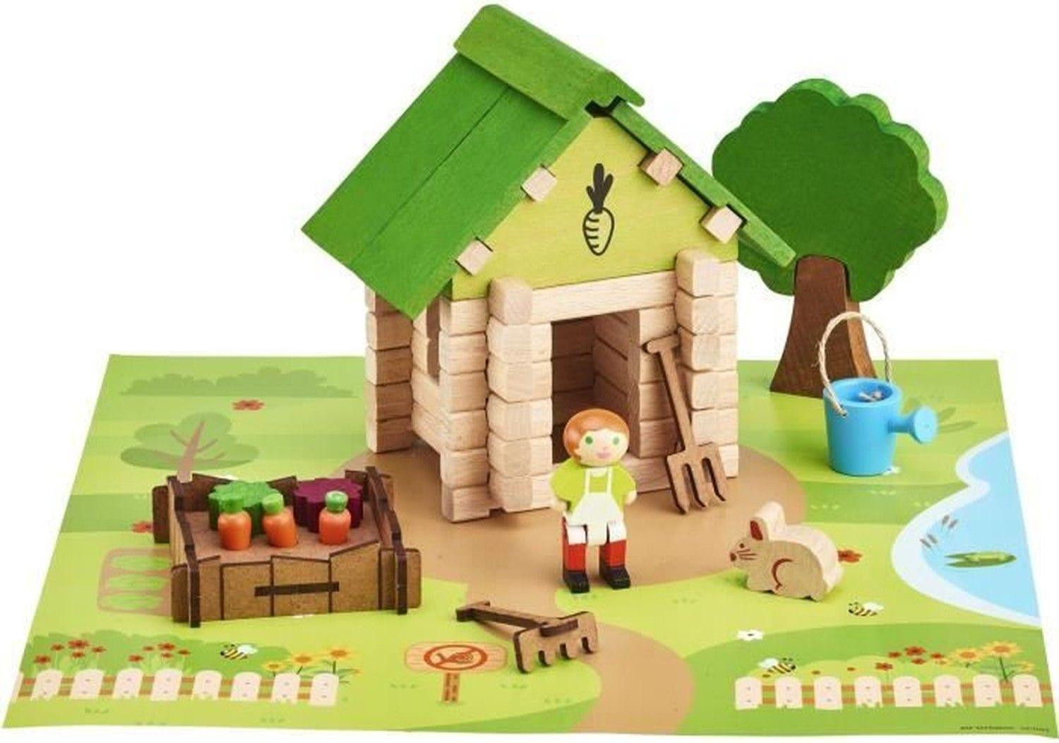 Jeujura The Gardener's Cabin 60 stuks - Houten Bouwspeelset met Mat en Accessoires - 22 x 18,5 x 8,5 cm