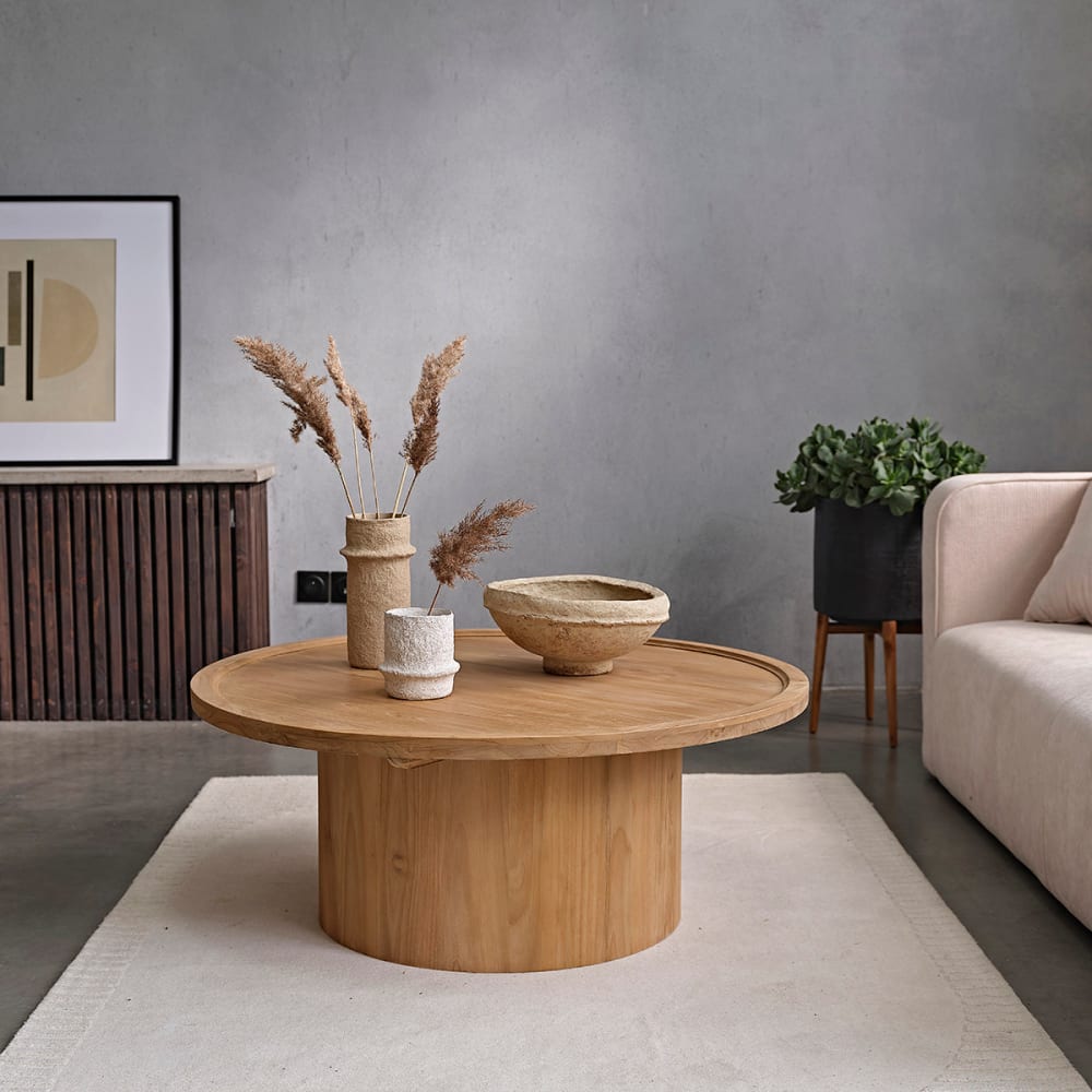 BERAH GETAH Table basse en teck massif ronde Beige 100x40x100cm