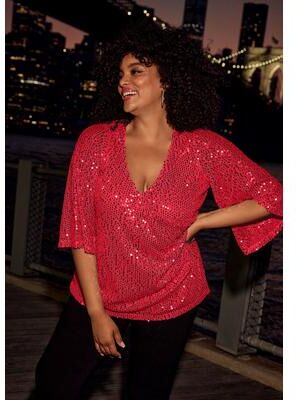 Plus Size Women's Faux Wrap Sequin Top by Avenue in Vibrant Red Sequin (Size 18)