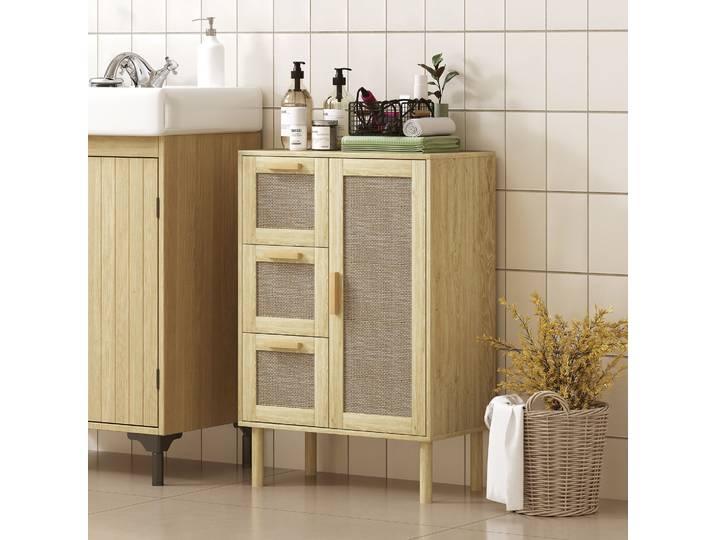 HOMCOM Armoire Bohème Rotin 3 Tiroirs 3 Étagères Compact 55x30x82 cm
