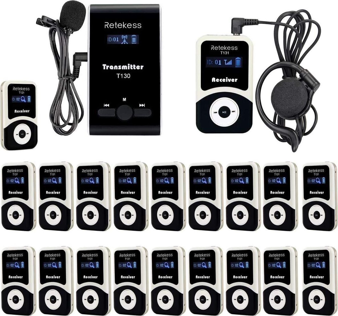 Retekess T130-T131 Tour guide System,60 Meter,99 Kanäle,18H,mit Mikrofon, PLL-Technologie, Geeignet für Reisebüros,Schulungen, Schulbesuche