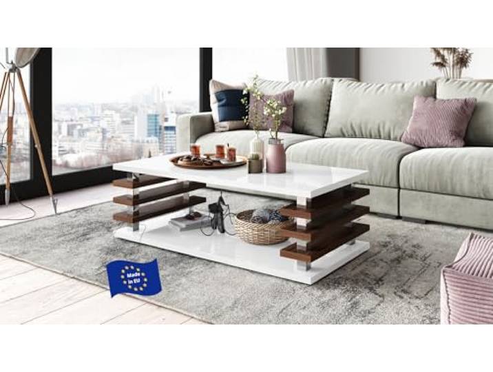 Carl Svensson Couchtisch DC-3 Weiß Hochglanz / Nussbaum 120x60cm mit Ablage modern stabil vielseitig Wohnzimmertisch Beistelltisch Sofatisch Zeitloses platzsparend robust Wohnzimmer ohne Rollen