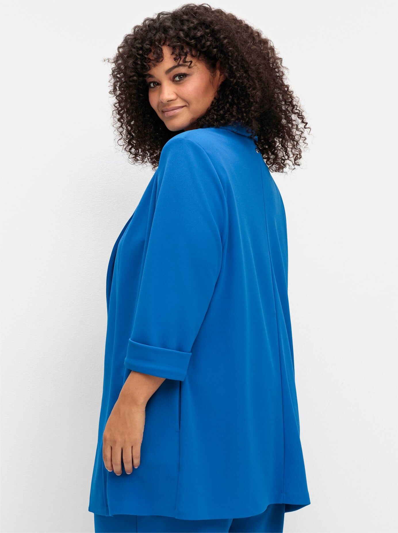 Longblazer SHEEGO "Longblazer", Damen, Gr. 56, blau (kobaltblau), 95% Polyester, 5% Elasthan, Blazer Longblazer