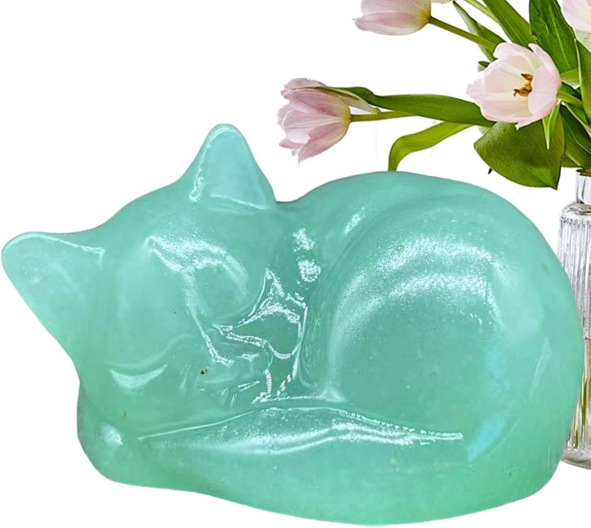 Handgesneden Kristal Kat Beeldje - Slapende Kat - Groene Aventurijn - 5 cm