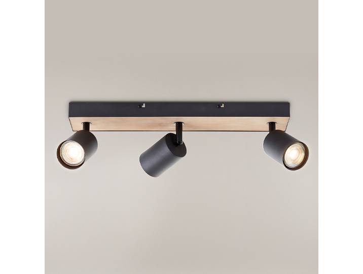 LED-Deckenleuchte 42 x 15 x 8cm Schwarz 3 Eisen, lackiert Monterey-Kiefer, naturbelassen LED GU10