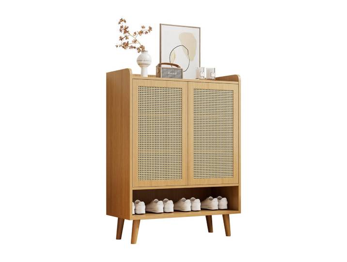 Evryae Schuhschrank Schrank mit 2 Türen Stauraum Einlegeböden,Massivholzbeine Push-to-Open kindersicher modernes Design, Eiche Bianco, Holz, 4 Fächer, Rechteckig,Rechteckig, konisch, 80x105x35 cm, Garderobe, Schuhaufbewahrung, Schuhschränke