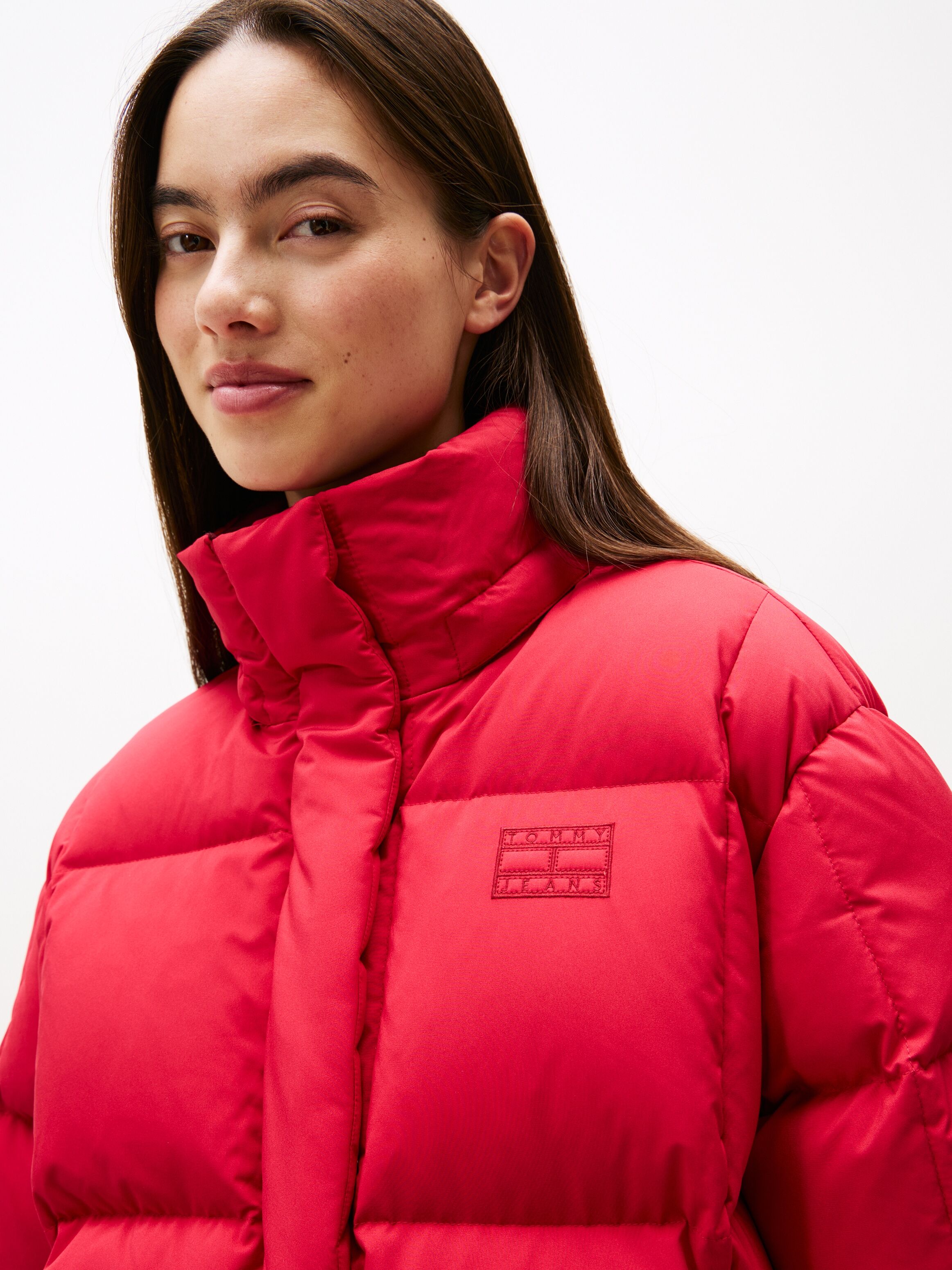 Steppjacke TOMMY JEANS "TJW ALASKA GRID DOWN JACKET EXT", Damen, Gr. L (40), rot (ruby rhubarb), Web, Obermaterial: 100% Polyester, unifarben, regular fit, Jacken Steppjacke ruby rhubarb L (40)