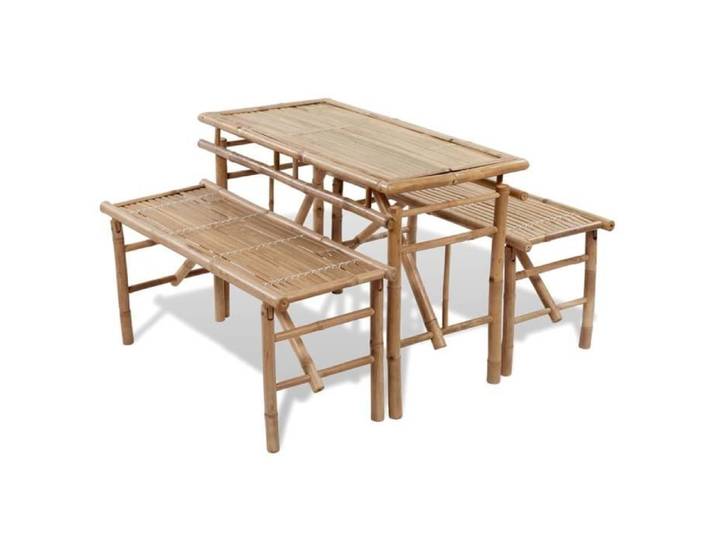 Ensemble de jardin - JILL - Table avec 2 bancs en bambou - Pliable et portable - Marron