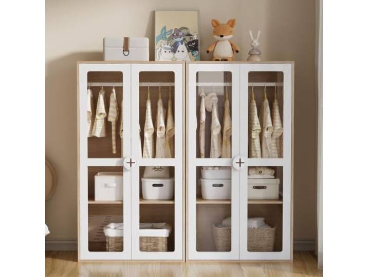 Fiednoy Kleiderschrank-Kombination mit 2 Schränken und Acryltüren, weiß 160x50x150cm Doppeltüriger Kinderkleiderschrank mit Metall-Kleiderstange und verstellbaren Regalen, für kleine Wohnungen