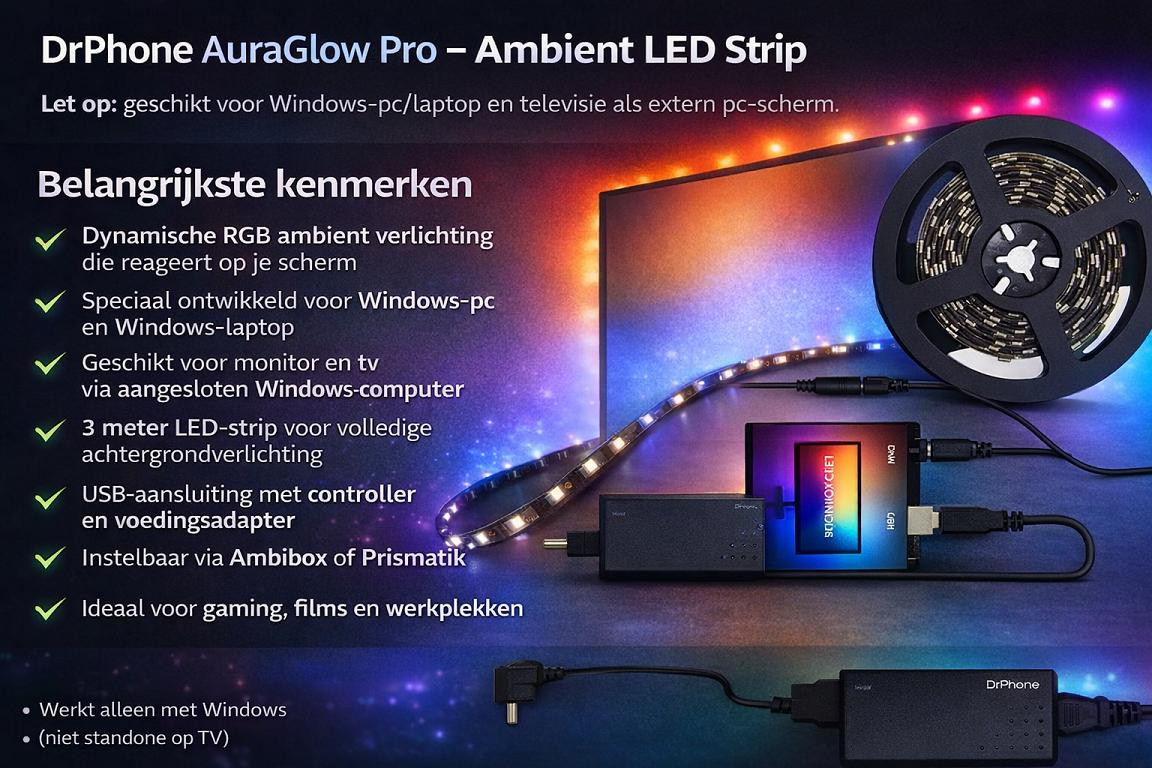 DrPhone AuraGlow Pro Ambient LED Strip 3 Meter – RGB Backlight voor Windows PC Monitor en TV