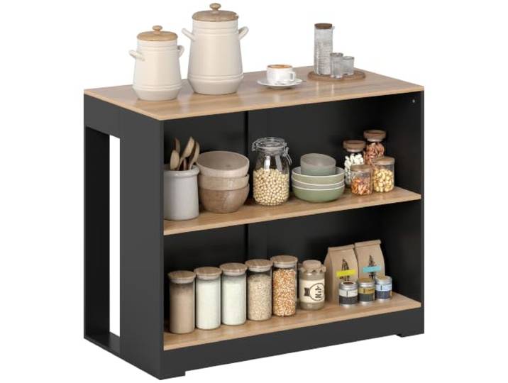HOMCOM Bartisch mit 3 Regalen 113x60x90cm Schwarz & Holzfarbe Platzsparende Bartheke, rutschfeste Füße, Kücheninsel mit Regal, Industrie-Design, für Küche & Esszimmer