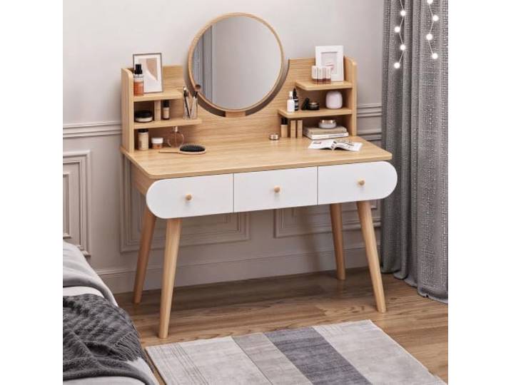 Schminktisch mit rundem Spiegel, Aufbewahrungsregalen und Schubladen Make-up Schminktisch,stabile Holzbeine, abgerundetes Eckdesign,Kosmetiktisch für Frauen im Schlafzimmer(3 drawers)