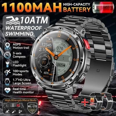Inspired Finds T Rex 3 Pro Tactical GPS Smartwatch With 120 Day Standby, 1100mAh Battery And 10ATM Waterproof black Steel 2a