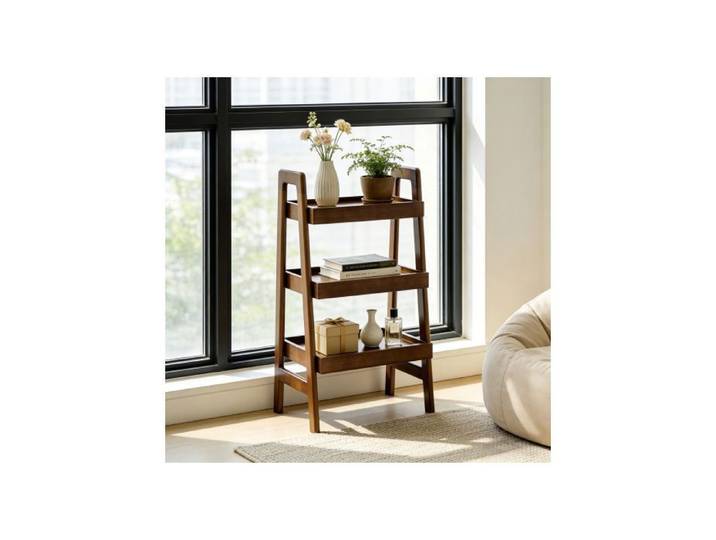 Étagère-échelle bois massif 3 niveaux rangement ouvert table d'appoint noyer pour salon chambre bureau