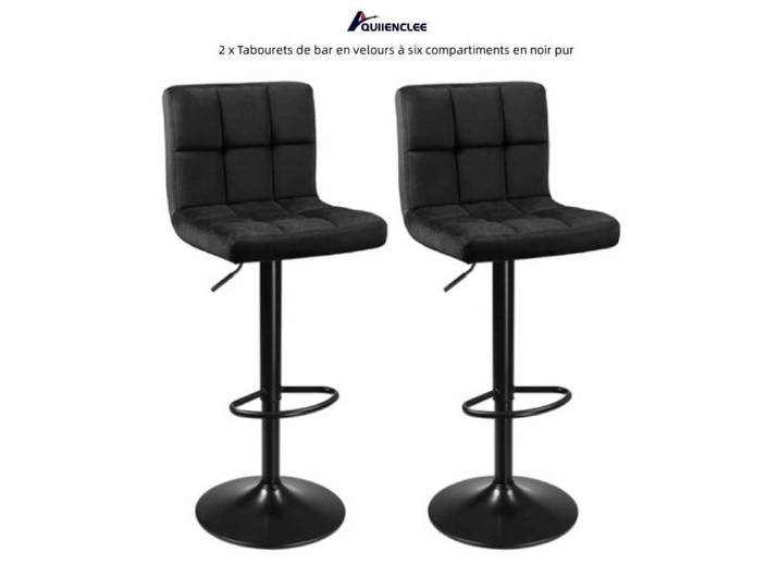 Tabourets de bar en velours noir pur - QUIIENCLEE - Lot de 2 - Réglables en hauteur