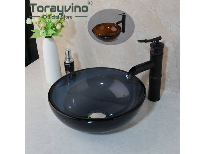 Torayvino HORound-Ensemble d'évier de bassin, verre multicolore, robinet de centre commercial, kit de chlore, verre du Guatemala, 256 unités noires