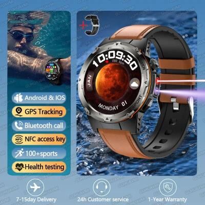Uplift Picks TitanCore GPS Military Smart Watch NFC Bluetooth Call Waterproof Sports Watch brown Leather high End Sport Watch