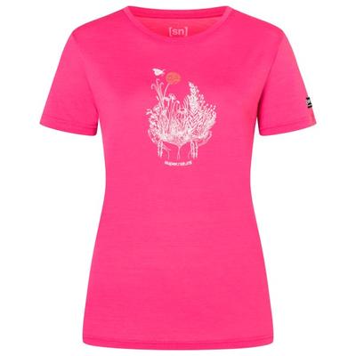 super.natural - Women's Flowerhands Tee - Merinoshirt Gr XS rosa/ tobacco glitter